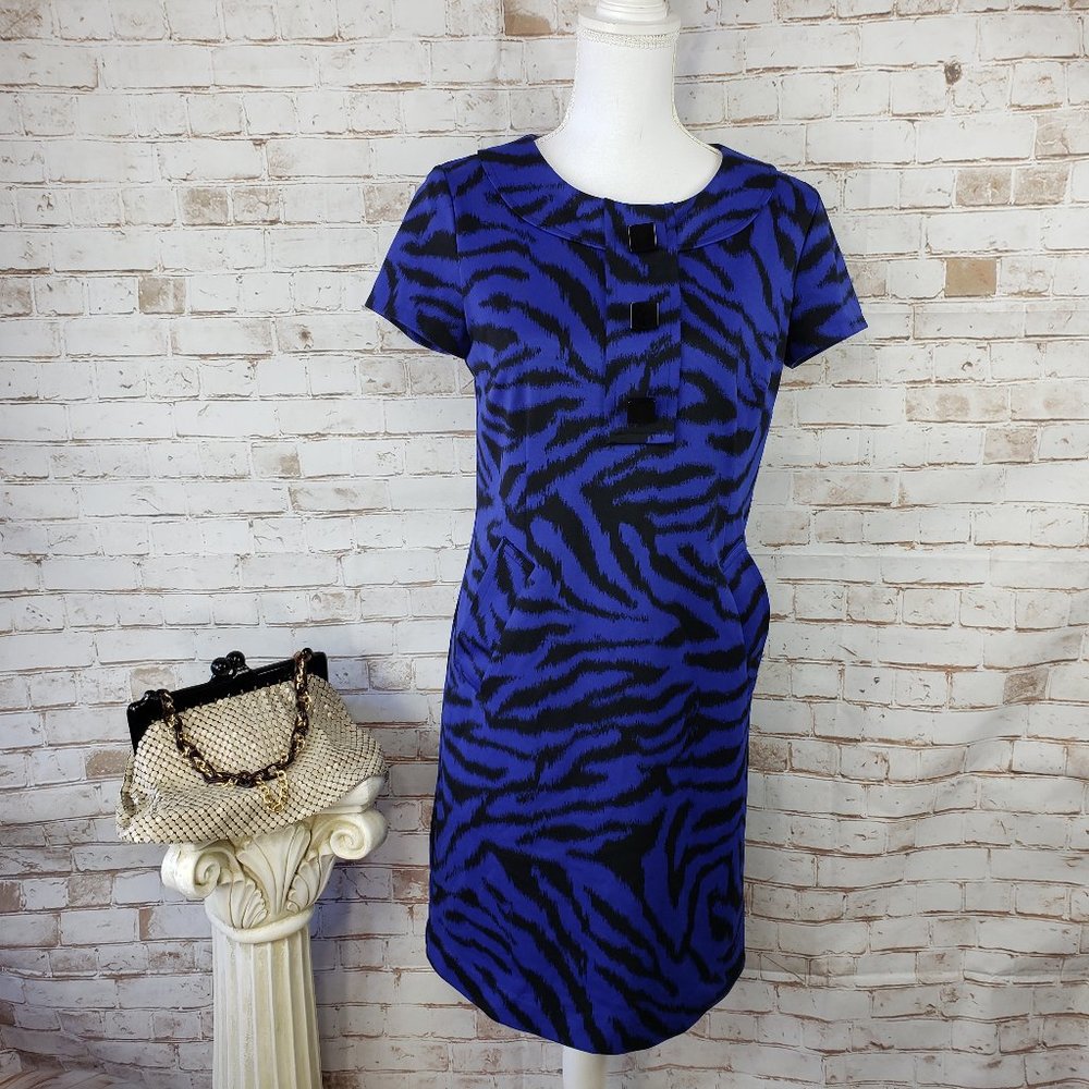 Michael Michael Kors Size 8 Blue Black Print Short Sleeve Sheath Dress Pockets